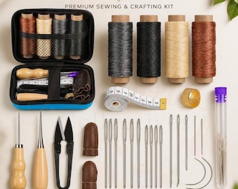 May include: A sewing and crafting kit labeled Debora Collectives, featuring a blue zippered case, four spools of thread, a measuring tape, a gold thimble, two awls, scissors, two leather finger guards, various needles, and a needle tube.