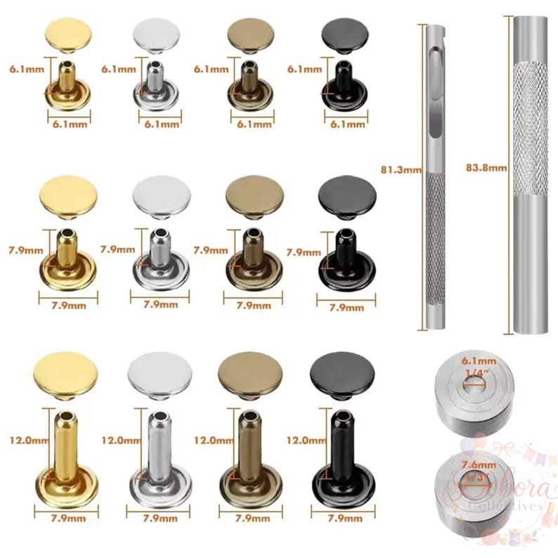 May include: A set of metal rivets in gold, silver, bronze, and black finishes, featuring diameters of 6.1mm, 7.9mm, and 12.0mm. Includes two metal setting tools measuring 81.3mm and 83.8mm in length, plus two circular setting dies labeled 6.1mm and 7.6mm.