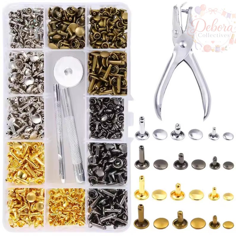 May include: A clear plastic storage container filled with assorted metal rivets in silver, gold, bronze, and gunmetal finishes. The kit includes two metal setting tools and a silver-toned hole punch tool, with additional loose rivets displayed nearby.