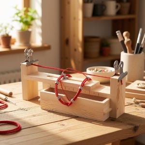 May include: A light-colored wooden jig for crafting bracelets, featuring a sliding central block with a printed ruler, two metal clips at the ends holding a red cord, and a red braided bracelet with silver beads resting on the wooden base.