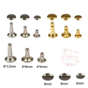 May include: A collection of silver and gold metal rivets in various sizes, including 8x12mm, 8x8mm, and 6x6mm, displayed with matching caps. The set includes rounded top pieces and cylindrical posts, with text labels indicating specific dimensions.
