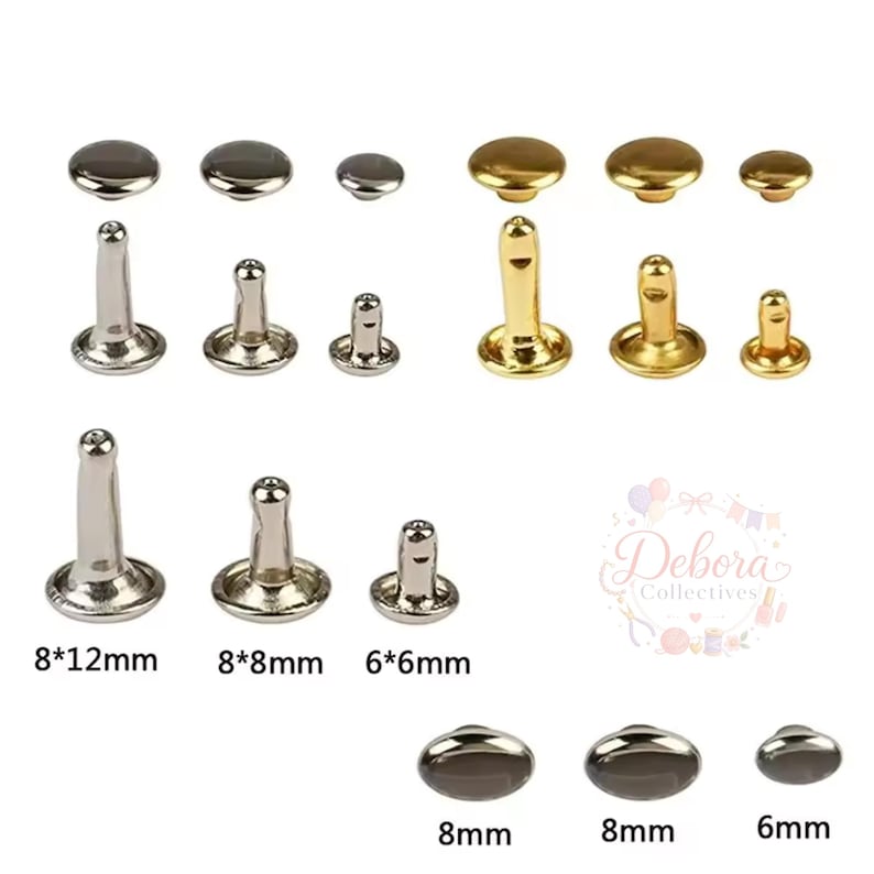 May include: A collection of silver and gold metal rivets in various sizes, including 8x12mm, 8x8mm, and 6x6mm, displayed with matching caps. The set includes rounded top pieces and cylindrical posts, with text labels indicating specific dimensions.