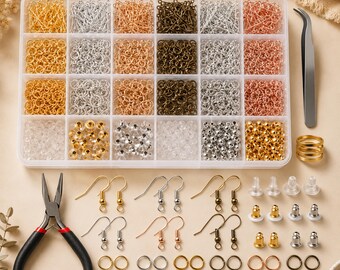 May include: A jewelry making kit featuring a clear plastic organizer box filled with various metal jump rings, beads, and findings in gold, silver, bronze, and rose gold tones. Includes a pair of needle-nose pliers, curved tweezers, and earring hooks.