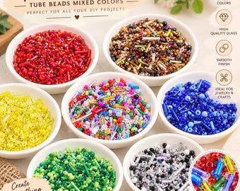 May include: Six white bowls filled with assorted glass rice and tube beads in red, yellow, green, blue, black, white, and multicolored mixes. The image includes text reading Glass Rice Beads, Tube Beads Mixed Colors, and Close Up View.