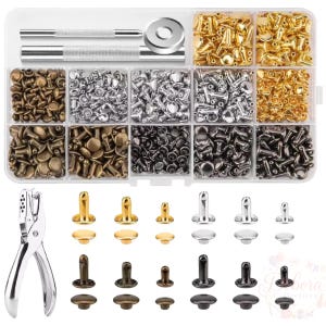 May include: A clear plastic storage container filled with assorted metal rivets in gold, silver, bronze, and gunmetal finishes. The kit includes two metal setting tools, a circular base, and a handheld hole punch tool for leather crafting.