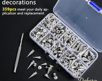 May include: A clear plastic storage box containing 359 pieces of silver-colored metal cone-shaped studs and rivets in various sizes. The set includes a metal tool with a textured grip and a small black screwdriver for application and replacement.