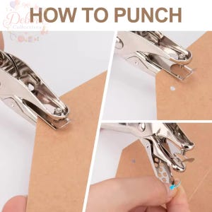 May include: A silver metal hole puncher is shown in three steps creating a circular hole in a piece of brown kraft paper. The text HOW TO PUNCH is displayed at the top of the image, demonstrating the mechanical action of the tool on cardstock.