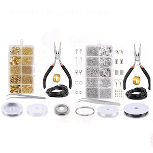 May include: A jewelry making kit containing two clear plastic storage boxes filled with gold and silver-toned metal findings, two pairs of needle-nose pliers with black handles, two spools of black cord, tweezers, and various spools of wire.