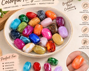 May include: A collection of oval-shaped acrylic beads in various colors including red, blue, green, orange, pink, purple, and yellow. The beads feature a smooth, polished finish with marbled patterns. Some beads are in a bowl, while others are loose.