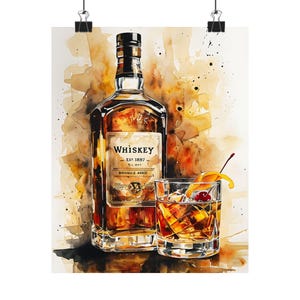 Póster de cóctel antiguo, arte mural de whisky, decoración de bar con acuarela, impresión de bourbon, regalo de bar para el hogar