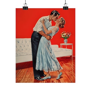 Pósteres verticales vintage de pareja besándose, impresión artística romántica de pareja besándose sobre fondo rojo, decoración de pared para el hogar, regalo de San Valentín