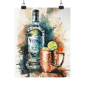 Moscow Mule Poster, Vodka Cocktail Art Print, Watercolor Bar Decor, Copper Mug Wall Art, Home Bar Gift
