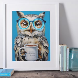 Whimsical Owl Coffee Poster Digital Download – Fun Animal Wall Art with Glasses, Coffee Lover Décor, Cute Owl Print for Kitchen or Office