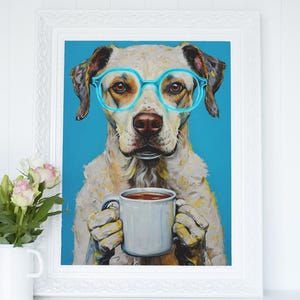 Dog Coffee Poster Digital Download – Quirky Wall Art with Neon Glasses, Coffee Lover Décor, Whimsical Animal Print for Kitchen or Office