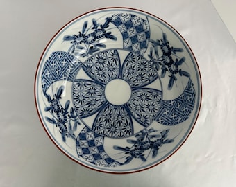 Bol grande de porcelana japonesa vintage Rinkurou Kiln para centro de mesa - Patrón Kozome Ginka de Hasami Ware - Bol hondo para servir de porcelana japonesa azul y blanca de 30 cm (12").