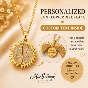 Collar personalizado de girasol dorado con colgante grabado con mensaje oculto.
