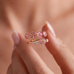 Körsbärsblomsring i roséguld, emaljspiral med blommönster, 925 silverpläterad, justerbar Sakura-ring