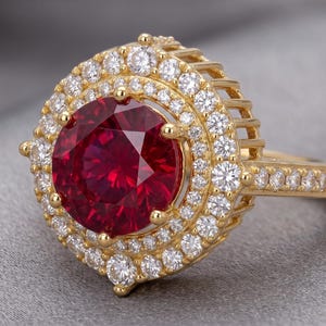 May include: A gold ring featuring a large, round, deep red centre stone surrounded by two concentric halos of small, clear, sparkling stones. The band and the gallery of the ring are also set with small, clear stones, creating a bright, reflective look.