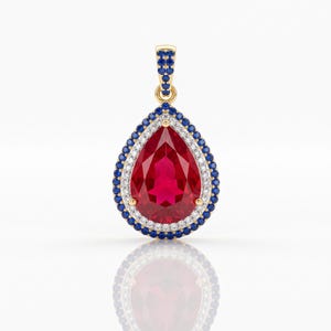 Colgante de rubí de laboratorio talla pera, dije de collar de circonita con doble halo, plata de ley 925 chapada en oro, gema roja real, piedra natal de julio.