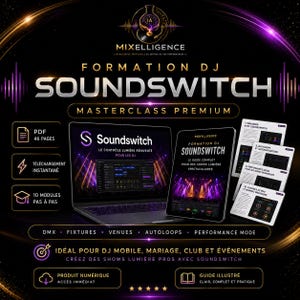 May include: A digital DJ training course titled SoundSwitch Masterclass Premium, featuring a laptop and tablet displaying software interfaces, alongside printed guide pages, icons for PDF, instant download, and 10 modules, with gold text on a black background.