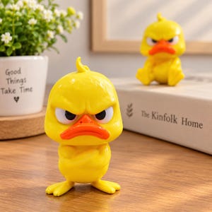 May include: Two small yellow duck figurines with orange beaks and angry facial expressions. The front duck stands with its arms crossed, while the second duck sits in the background. Both figures have smooth, glossy surfaces and round heads.
