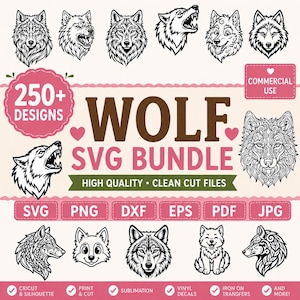 250+ Wolf SVG Bundle | Howling Wolf Head Cricut File | Tribal Silhouette Clipart PNG DXF Wildlife Animal Cut Files
