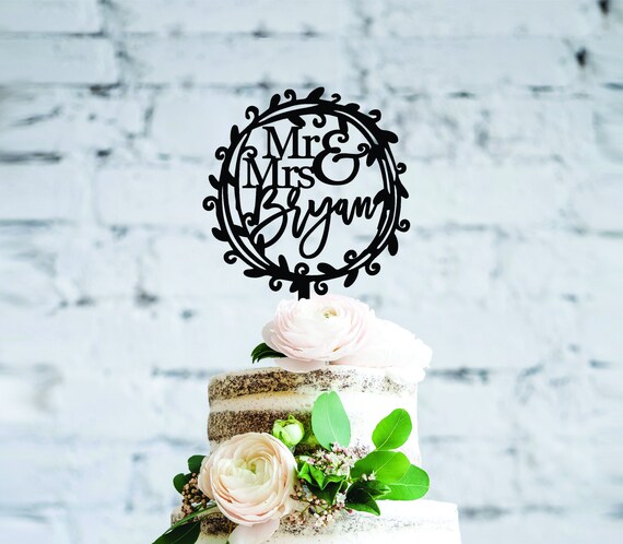 Personalised Wreath Wedding Cake Topper Rustic Name Cake Etsy