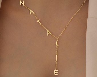 Lariat Initial Necklace, Custom Drop Name Necklace, 18K Gold Name Y Necklace, Personalized Gift for Her, Christmas Gift, Gift for Mom