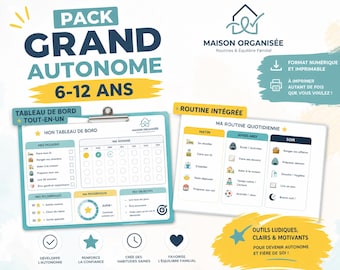 Peut inclure: Un pack numérique imprimable pour enfants de 6 à 12 ans, comprenant un tableau de bord et une routine quotidienne. Le tableau de bord inclut des sections pour les missions, récompenses, progression et objectifs. La routine organise les tâches par moment.