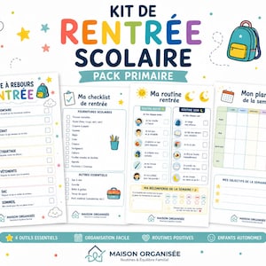 May include: A school back-to-school kit featuring four printable sheets with colourful graphics. The documents include a countdown, a school supply checklist, a daily routine chart, and a weekly planner, all decorated with stars, clouds, and icons.