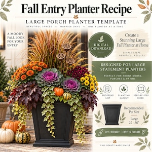 Peut inclure: Un modèle de téléchargement numérique pour une jardinière d'automne avec le texte Fall Entry Planter Recipe, Large Porch Planter Template et des instructions. L'image montre une jardinière carrée noire avec du chou ornemental et des citrouilles.