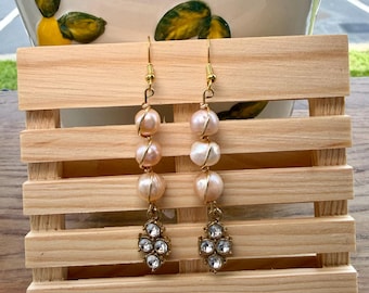 Light Pink Gold Pearl Earrings with Rhinestone Charms