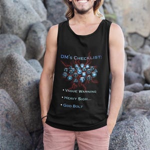 DMs Checklist Tank Top, Heavy Sigh God Bolt Shirt, Funny DnD Gamer Vest, Dungeons and Dragons DM Gift, Tabletop RPG Sleeveless Tee