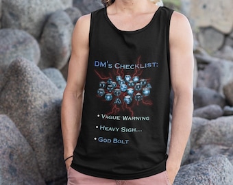 DMs Checklist Tank Top, Heavy Sigh God Bolt Shirt, Funny DnD Gamer Vest, Dungeons and Dragons DM Gift, Tabletop RPG Sleeveless Tee
