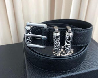 Ch Roller Buckle PU Leather Belt with Silver Hardware Vintage Streetwear Belt