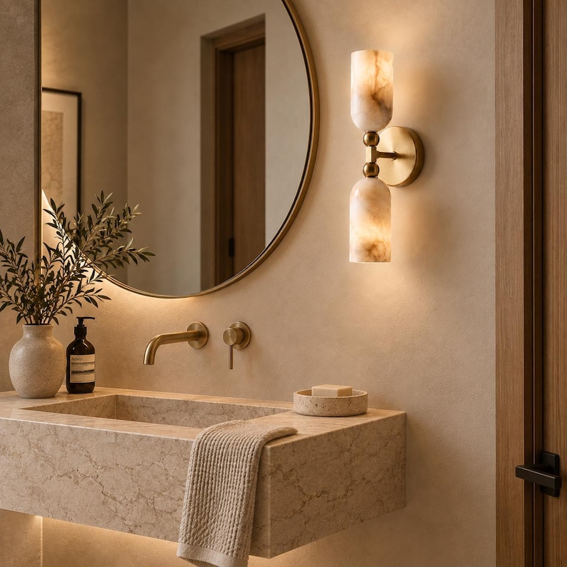 May include: A wall-mounted light fixture featuring two cylindrical, marbled stone shades in a warm beige tone, connected by a central brass-finished metal rod and circular base, emitting a soft, diffused glow against a neutral-colored wall.