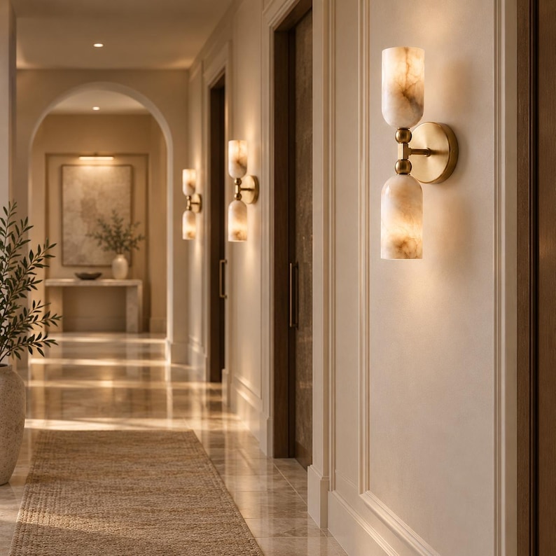 May include: A wall-mounted light fixture featuring two cylindrical, marbled, off-white glass shades connected by a central brass-toned metal arm. The fixture is attached to a circular brass-toned base plate and emits a warm, soft glow.