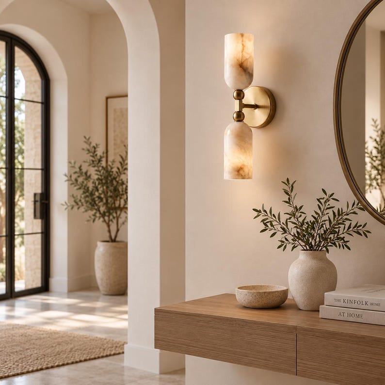 May include: A wall-mounted light fixture featuring two cylindrical, translucent stone shades with marbled beige patterns, connected by a central brass-toned metal arm and a circular wall plate, emitting a warm, soft glow against the wall.