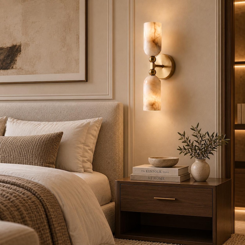 May include: A wall-mounted light fixture featuring two cylindrical, marbled, cream-colored glass shades stacked vertically. The shades are connected by a central brass-toned metal rod and attached to the wall with a circular brass-toned base.