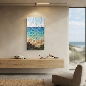 3D Wooden Beach Wall Art, Ocean Wave Wood Mosaic Decor