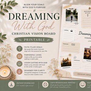 Puede incluir: Una plantilla imprimible de tablero de visión cristiano titulada Dreaming With God, que presenta secciones para objetivos como salud, carrera, finanzas y familia. El diseño incluye espacio para fotos, áreas de escritura con líneas e iconos.