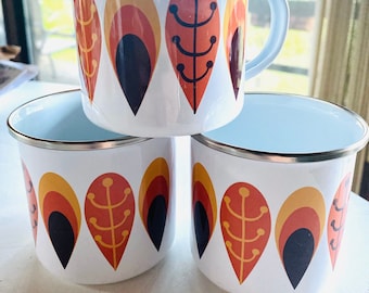 Seed and Leaves Enamel Camping Mug - Wrap Around Design - Mid Century Modern Inspired - Colorful Art Mug - Campfire Mug