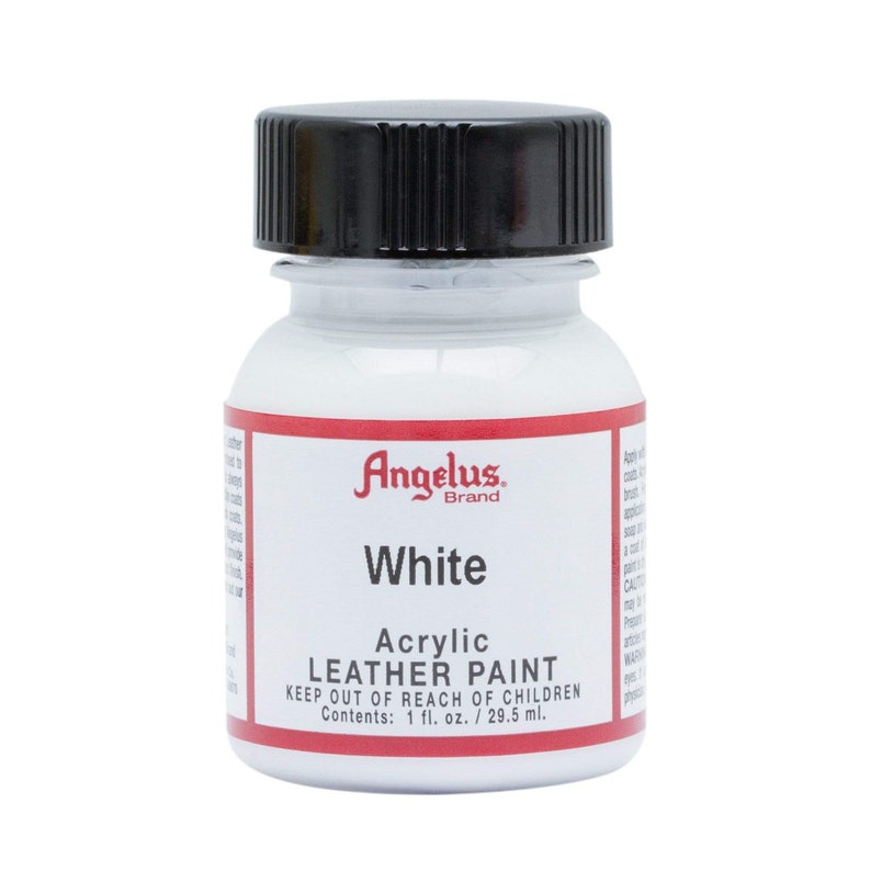 May include: A small bottle of white Angelus brand acrylic leather paint. The bottle is labeled "White Acrylic Leather Paint" and has a black cap. The bottle contains 1 fluid ounce or 29.5 milliliters of paint.
