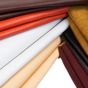 May include: A variety of leather swatches in different colors and textures, including brown, orange, white, beige, burgundy, and black. The swatches are arranged in a fan shape, with the tips of the swatches pointing towards the center of the image.