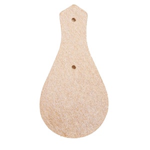 May include: A light brown leather teardrop-shaped tag with two holes punched through it.