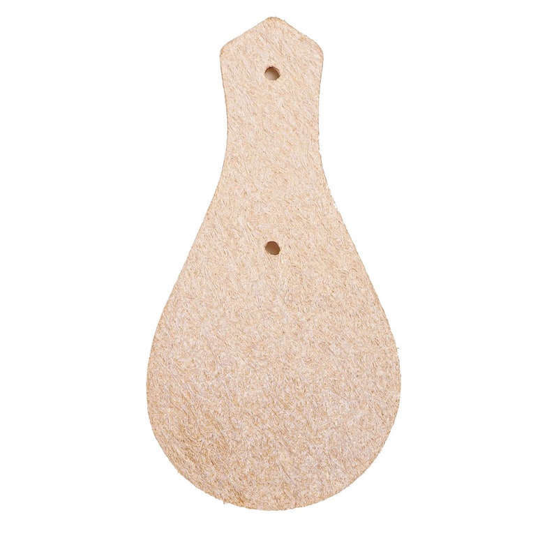 May include: A light brown leather teardrop-shaped tag with two holes punched through it.