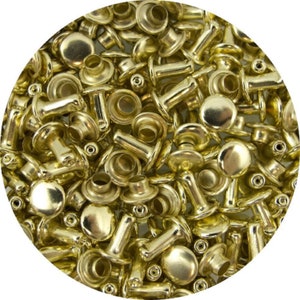May include: A close-up view of a pile of gold-colored metal rivets. The rivets are a mix of different sizes and shapes, and they are all shiny and new.