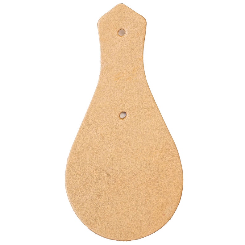 May include: A light brown leather teardrop-shaped patch with two holes for stitching.