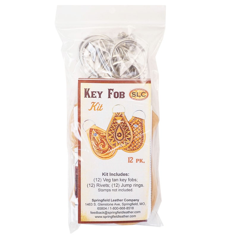 May include: A kit for making 12 leather key fobs. The kit includes tan leather key fobs, rivets, jump rings, and instructions. The kit is packaged in a clear plastic bag.  KEY FOB Kit 12 PK. Kit Includes: (12) Veg tan key fobs; (12) Rivets; (12) Jump rings. Stamps not included. Springfield Leather Company 1463 S. Glenstone Ave, Springfield, MO. 65804/1-800-668-8518 feedback@springfieldleather.com www.springfieldleather.com