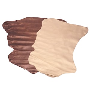 May include: Two pieces of leather in contrasting colors. One is a rich, dark brown with a slightly textured appearance. The other is a light tan or beige, with a smooth, almost satin-like finish. The leather pieces are irregularly shaped.